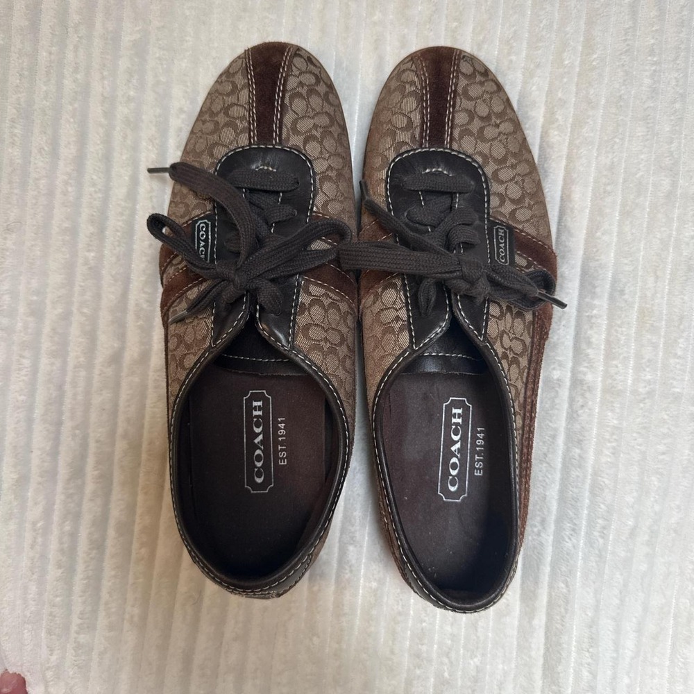 Coach Brown Logo Print Canvas Lace-Up Low Top Women's Sneakers